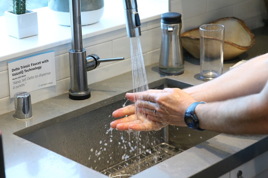 caption: A Delta smart faucet gave us nothing but trouble in Amazon's secret smart home lab in the Day One building.