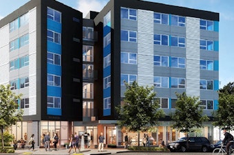 caption: An artist's rendition of the new Plymouth Housing building underway on Rainier Avenue South in the Chinatown-International District.