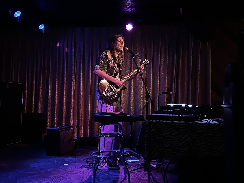 caption: Ken Stringfellow performs on Wednesday, October 6, 2021, at the Clock-Out Lounge in Seattle.