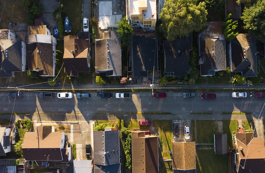 caption: Homes are shown in the Beacon Hill neighborhood of Seattle in July of 2020.