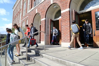 caption: Students at Hamilton International Middle School on March 11, 2020. 