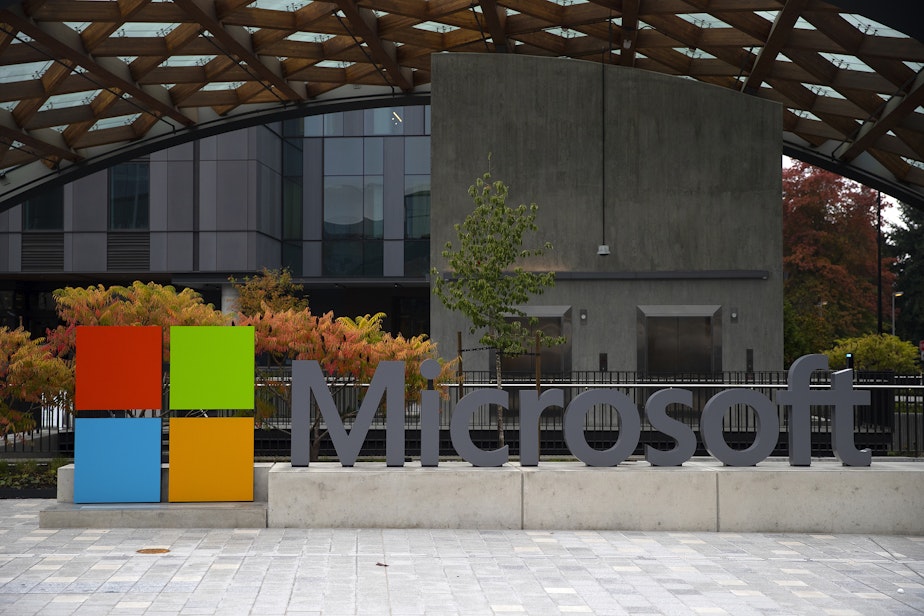 caption: A portion of the Microsoft campus in Redmond, Washington, is shown on Wednesday, Oct. 4, 2023.