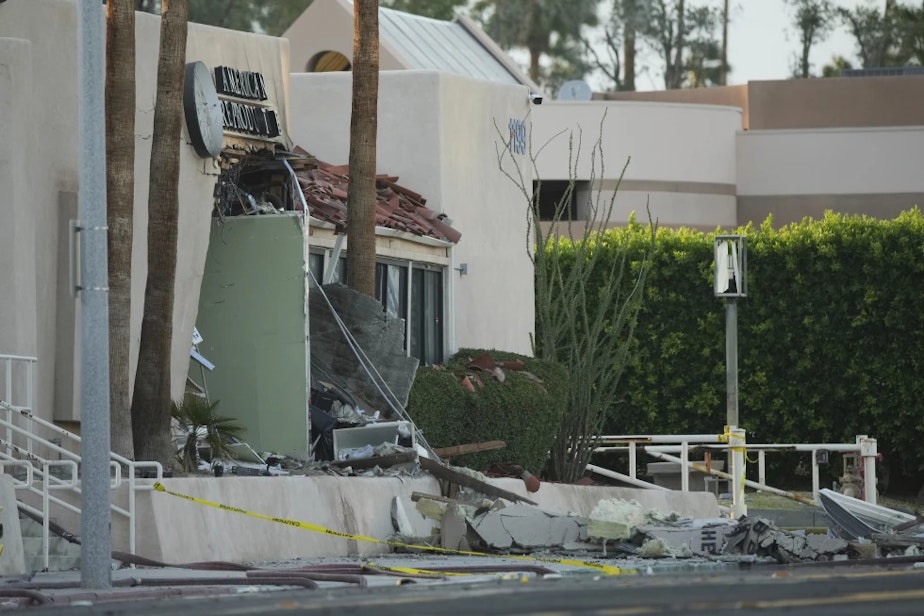 caption: Damage to a building is seen after an explosion in Palm Springs, Calif., on Saturday, May 17, 2025.