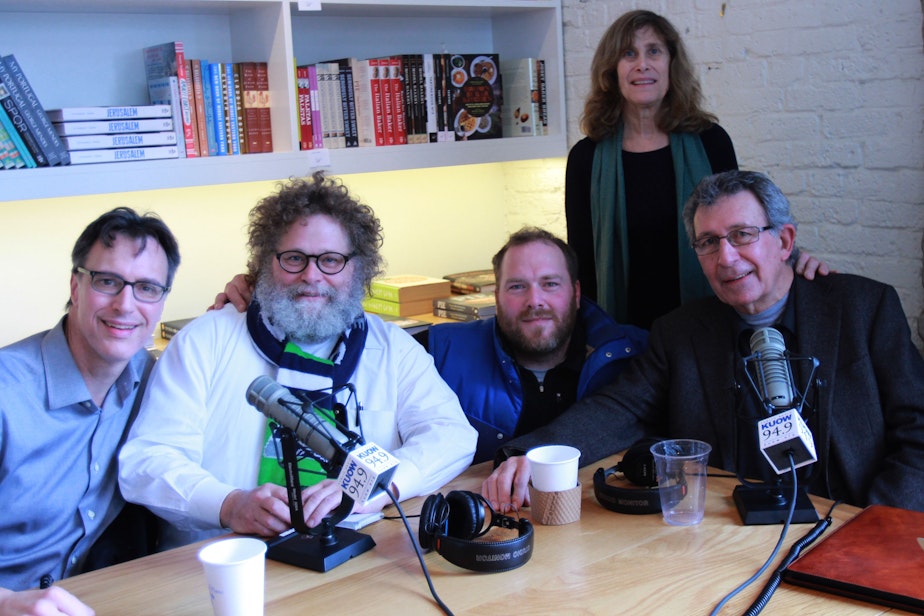 caption: This week's panel (from left): Bill Radke, Knute Berger, Matt Dillon, Joni Balter and Charles Royer