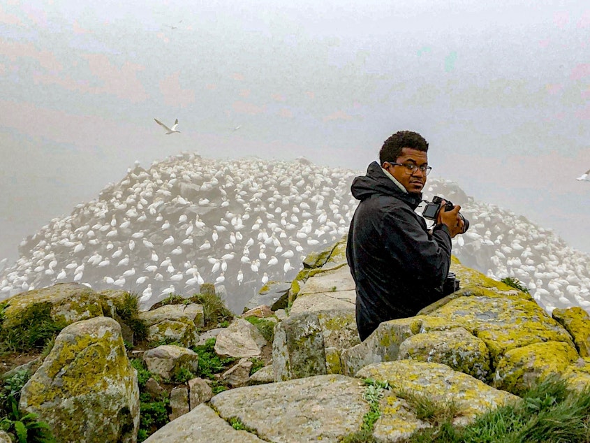 caption: Jason Ward looking at Northern Gannets in Newfoundland, Canada. Ward is the host of "Birds of North America," a documentary series on YouTube. He says about a dozen birding Facebook groups around the country have been actively squelching conversations about race.