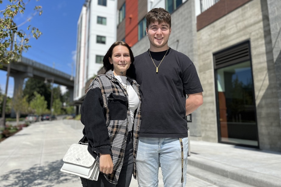 caption: Madelyn Blaise and Jacob Dicks live in Mountlake Terrace's new neighborhood near the light rail station.
