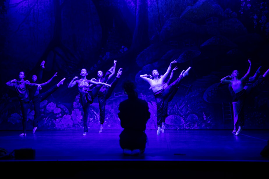 caption: Dancers with the Grand Kyiv Ballet rehearse ahead of their performance of Snow White, on Wednesday, December 20, 2023, at the Paramount Theatre in Seattle.