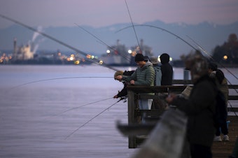 caption: Kody, 26, of Denver, squids on Friday, November 17, 2023, from Les Davis Pier in Tacoma. 