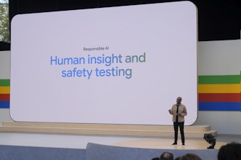 caption: James Manyika speaks about Responsible AI at a Google I/O event in Mountain View, Calif., Tuesday, May 14, 2024. 