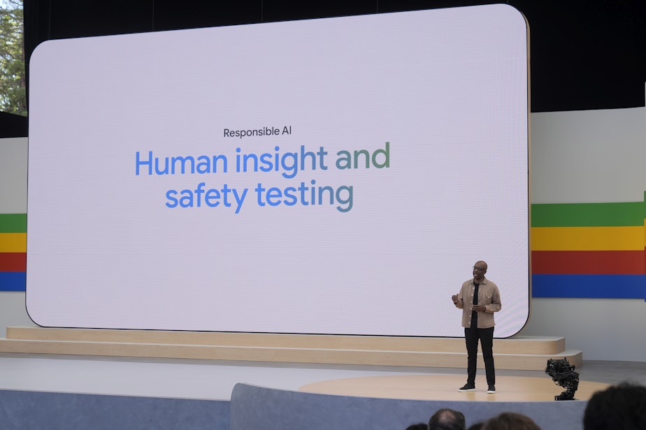 caption: James Manyika speaks about Responsible AI at a Google I/O event in Mountain View, Calif., Tuesday, May 14, 2024.