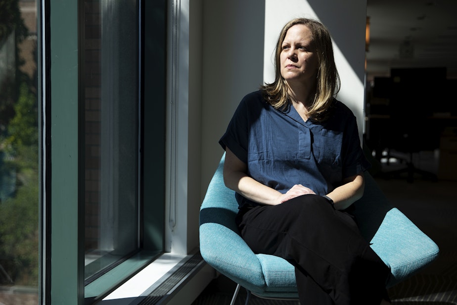 caption: Katy Pearce, associate professor in the Department of Communication, is portrayed on Wednesday, Aug. 28, 2024, on the University of Washington campus in Seattle.