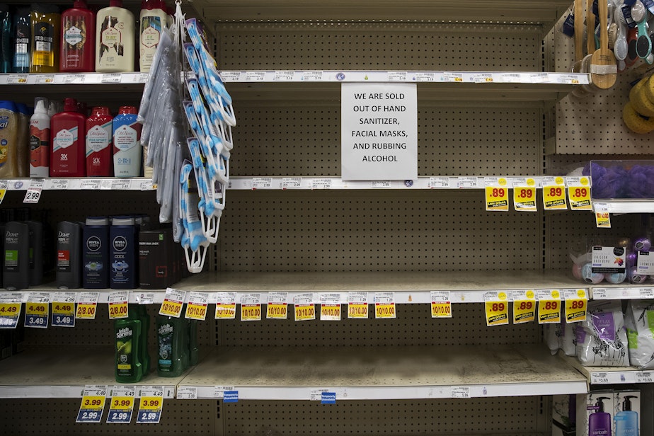 caption: Shelves inside Fred Meyer are shown empty of hand sanitizer, facial masks and rubbing alcohol, on Monday, March 2, 2020, on 120th Ave Northeast in Kirkland.