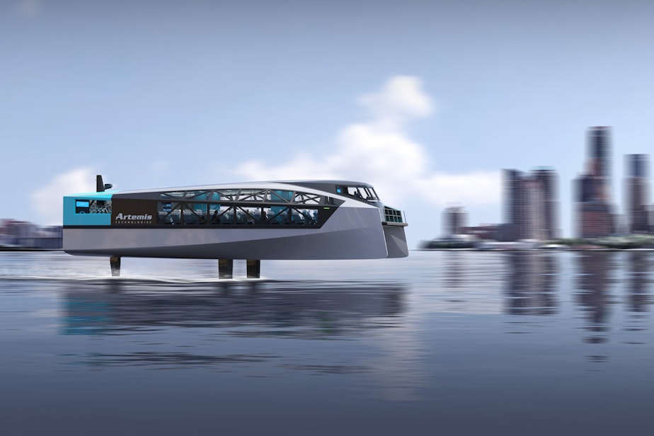 caption: An artist's rendering of the Artemis ef-24 150-passenger electric hydrofoil ferry
