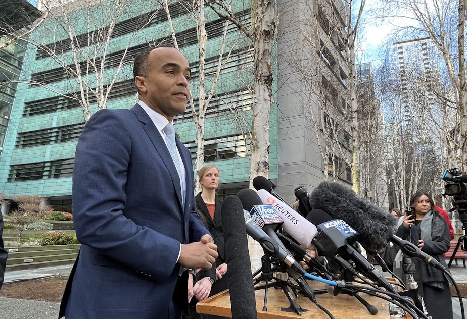 caption: Washington State Attorney General Nick Brown outside the federal courthouse in Seattle on Jan. 23, 2025.