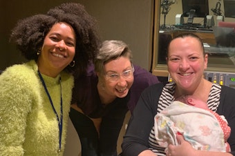 caption: Eula Scott Bynoe, Jeannie Yandel, Leslie Feinzaig, and baby Ruth talk about how women can be better allies to one another in the workplace.