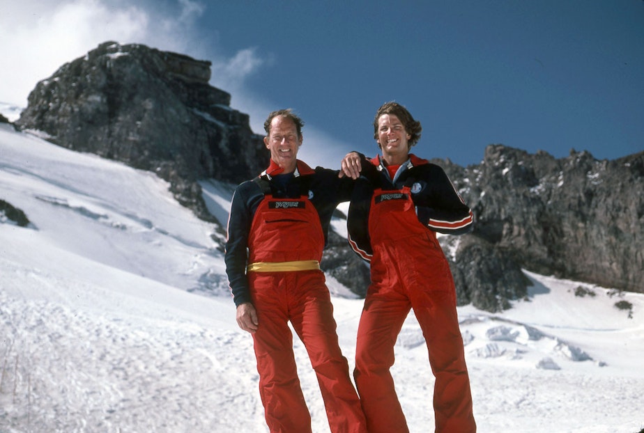 caption: Lou Whittaker and his son, Peter, at Camp Muir on Mt. Rainier, 1982.