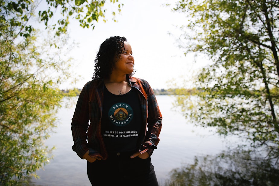 caption: Tatiana Luz, co-director of Psychedelic Medicine Alliance of Washington, is portrayed on Friday, April 25, 2025, at Green Lake in Seattle.