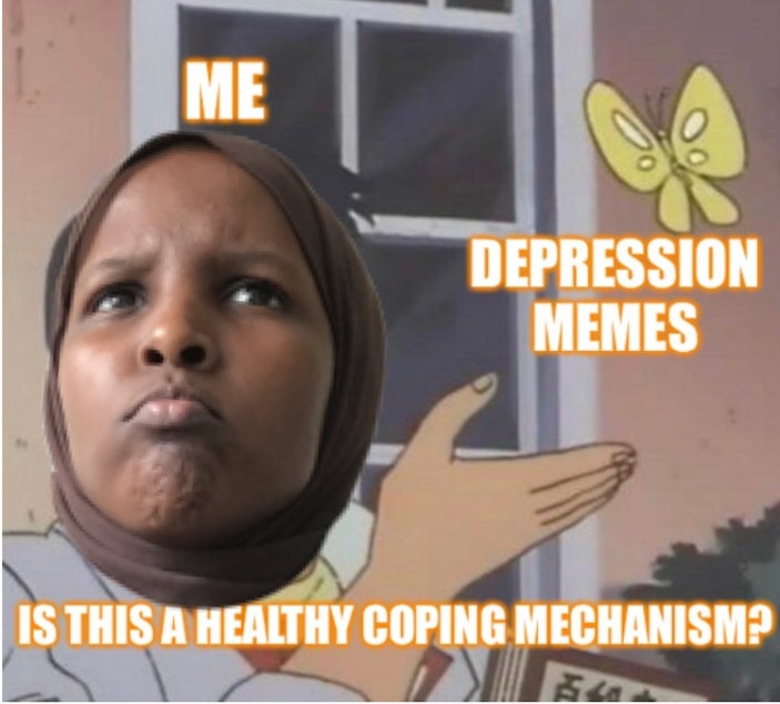 caption: RadioActive reporter Zuheera Ali created her own meme, based on the "Is this a pigeon?" meme derived from a memorable quote said by the protagonist character from the 1990s Japanese anime TV series The Brave Fighter of Sun Fighbird.