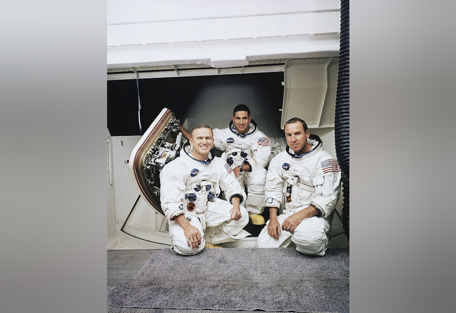 caption: Left to right: Frank Borman, commander of 3-man Apollo 8 crew, William A. Anders and James A. Lovell, Jr., Dec. 21, 1968.