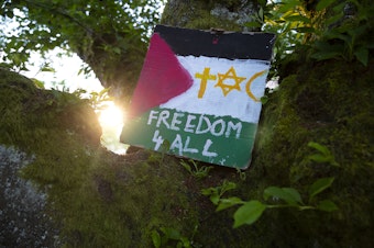caption: ‘Freedom 4 All’ reads a painted sign of the Palestinian flag placed on a cherry tree within the ‘Popular University for Gaza liberated zone,’ on Tuesday, May 7, 2024, at the University of Washington campus Quad in Seattle. 