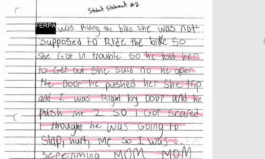 caption: A statement from a fifth-grade girl Kevin Schmidt reportedly yelled at and pushed in his class on February 6, 2018.