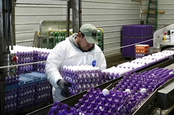 caption: A worker moves crates of eggs at the Sunrise Farms processing plant in Petaluma, Calif., on Thursday, Jan. 11, 2024.