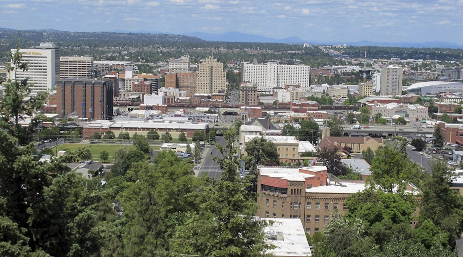 caption: In this photo taken June 4, 2018, the downtown skyline is shown from the South Hill in Spokane, Wash.