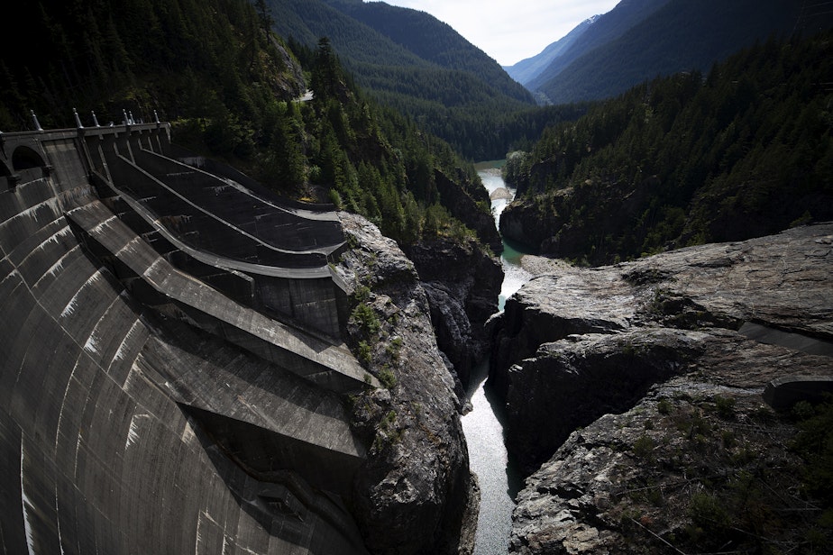 caption: A view of the upper Skagit River from the Diablo Dam, one of three dams in the Skagit River Hydroelectric Project supplying power to the city of Seattle, on Wednesday, June 7, 2023, in Whatcom County.