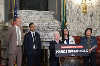caption: Washington Sen. Patty Murray speaks to reporters in Olympia on March 17, 2025, about cuts that Republicans are proposing for Medicaid.