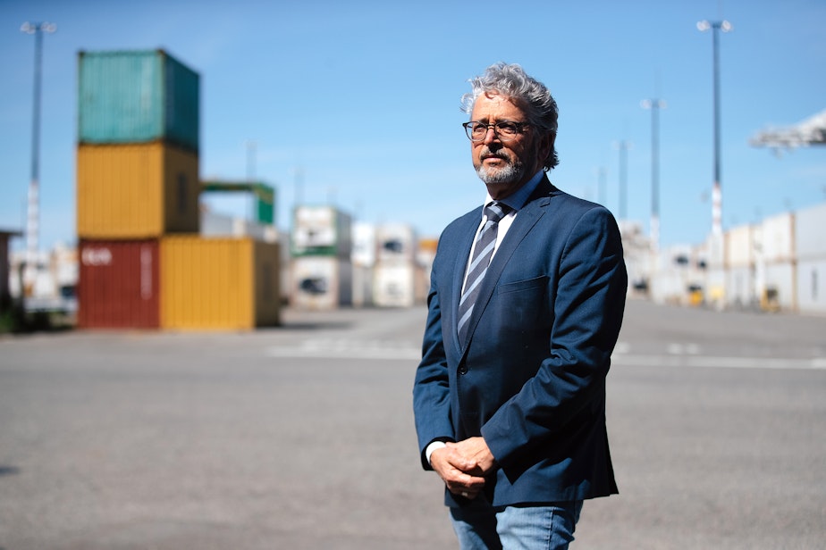 caption: Port of Seattle commissioner Fred Felleman is portrayed on Monday, May 5, 2025, at the Port’s Terminal 5 in Seattle.