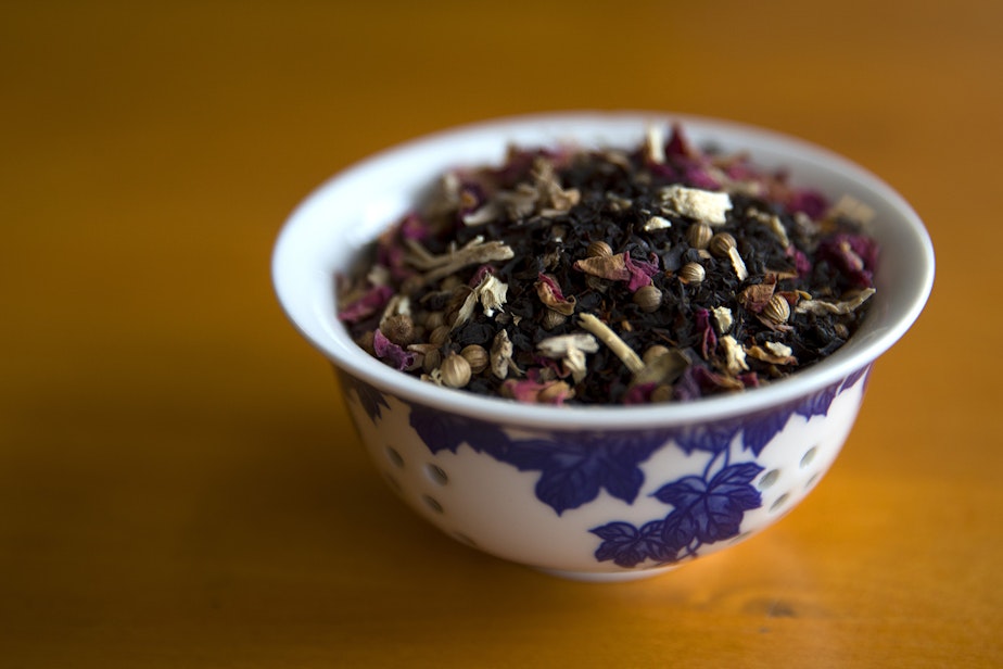 caption: The O-Negative, a True Blood themed tea blend of black and red tea, chicory, coriander and rose, is shown on Tuesday, January 28, 2019, at Friday Afternoon, a tea room along Stone Way North, in Seattle. The O-Negative is Friday Elliott's second favorite tea she's ever blended.