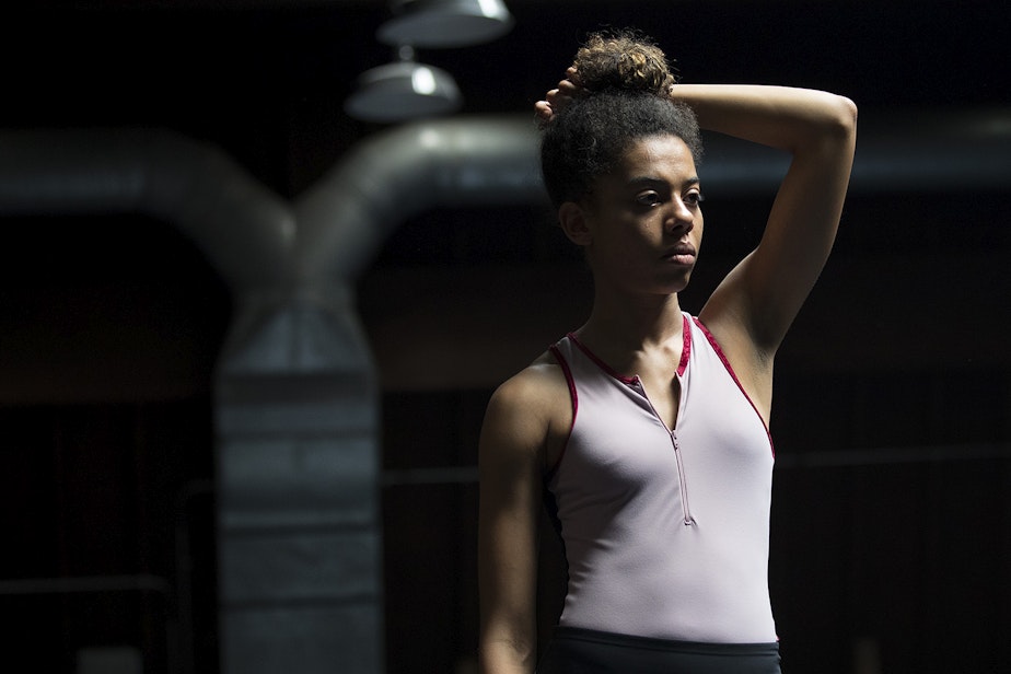 caption: Dancer Olivia Schmid stands during rehearsal on Monday, September 17, 2018, at Spectrum Dance Theater in Seattle.