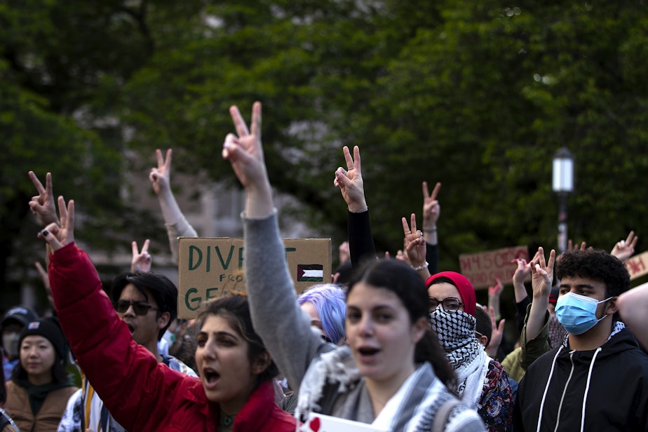caption: Students and protesters raise peace signs in the air while listening to speakers at the UW encampment for Palestine on Tuesday, May 7, 2024, at the University of Washington Quad in Seattle.