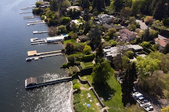 caption: An aerial view of Denny Blaine Park is shown on Friday, April 19, 2024, in Seattle. 