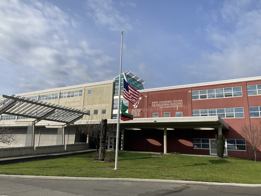 caption: The John Stanford Center for Educational Excellence, Seattle Public School headquarters, on Feb. 27, 2021.