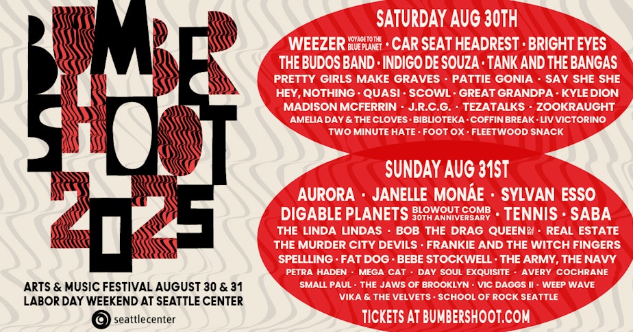 caption: Bumbershoot 2025 is headlined by Weezer, Aurora, Car Seat Headrest, Janelle Monáe, Bright Eyes, and more.