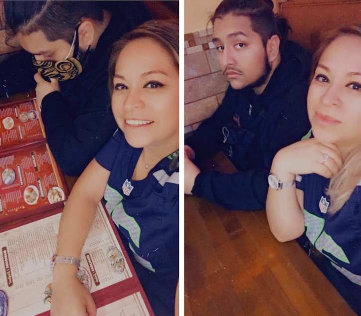 caption: Luis Hernandez Vargas and his mother at a restaurant