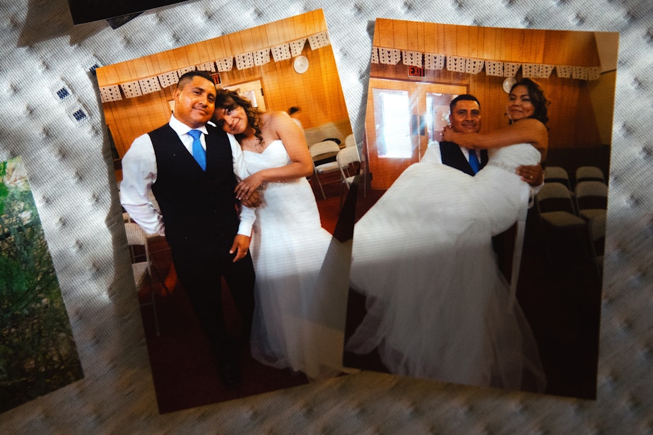 caption: Photographs of 17-year-old Alex Villatoro’s parents, Leticia and Armando on their wedding day, are shown on Wednesday, March 5, 2025, at his home in Maple Falls, Washington.