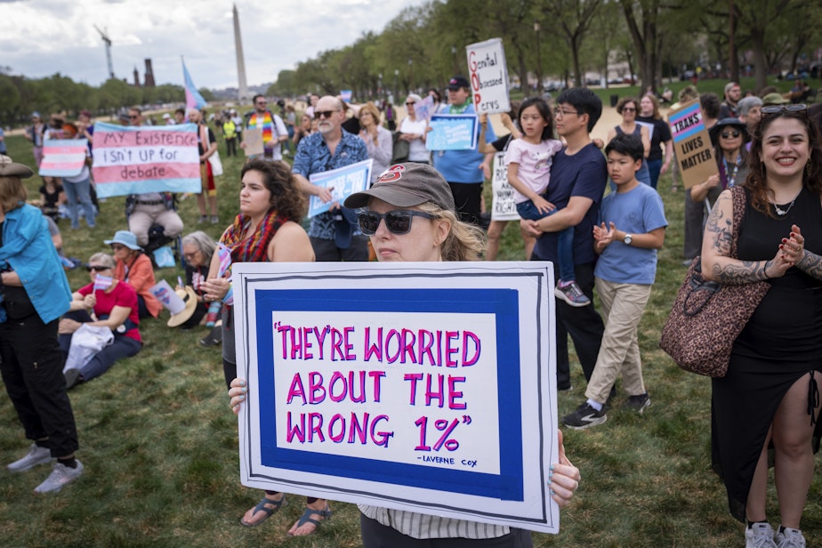 caption: People attend a rally in support of transgender people during the Trans Day of Visibility, on the National Mall, Monday, March 31, 2025, in Washington.