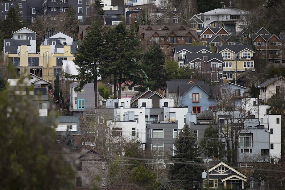 caption: Homes in Capitol Hill are shown on Thursday, Jan. 17, 2019, in Seattle.
