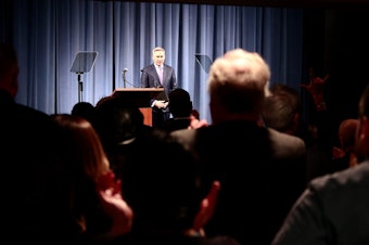 caption: King County Executive Dow Constantine delivers his sixteenth and final State of the County address at Kerry Hall in Seattle's Capitol Hill neighborhood.
