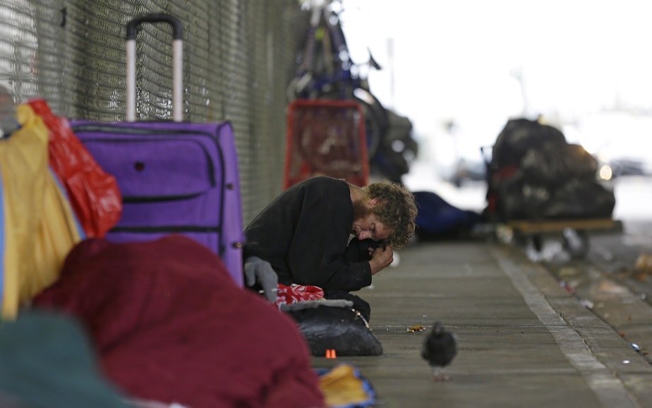 caption: In this Oct. 12, 2017 photo, Dominic, who battles mental illness, sits on a sidewalk under the Smith Ave. Bridge in Everett, Wash., which is a constant gathering place for homeless people battling addiction and mental illness.