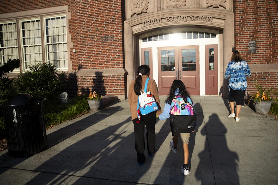 caption: Students arrive for the first day of school on Wednesday, Sept 6, 202.3, at Daniel Bagley Elementary School in Seattle.