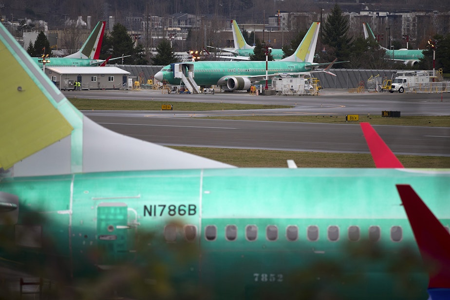 caption: Boeing 737 Maxes are shown on Monday, December 16, 2019, in Renton.
