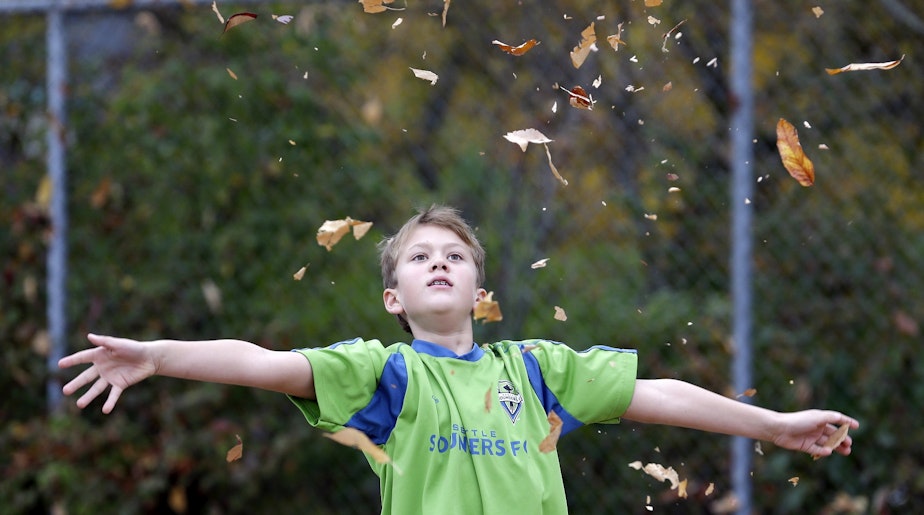 caption: File photo: Third grader Charlie Jenson watches leaves fall after tossing a bunch into the air while on recess at West Woodland Elementary Thursday, Oct. 17, 2013, in Seattle.