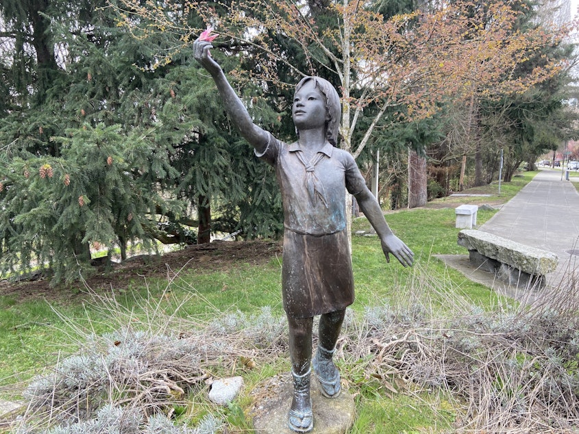 caption: A statue of Sadako Sasaki at Peace Park in Seattle's University District.