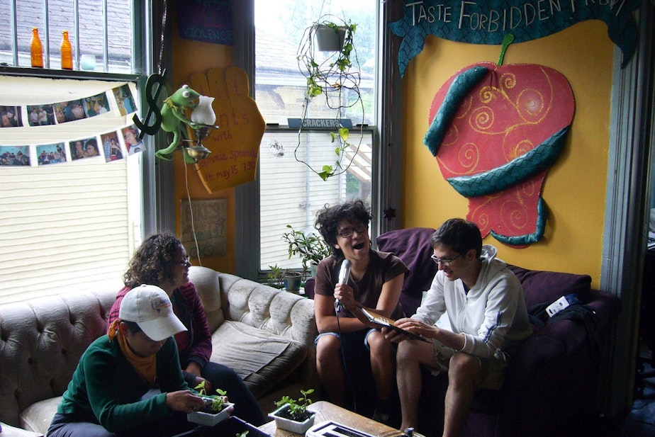 caption: Singing karaoke at the King Street house. The MagicMic was a central part of the house and allowed the activists to blow off some steam when things got heavy.