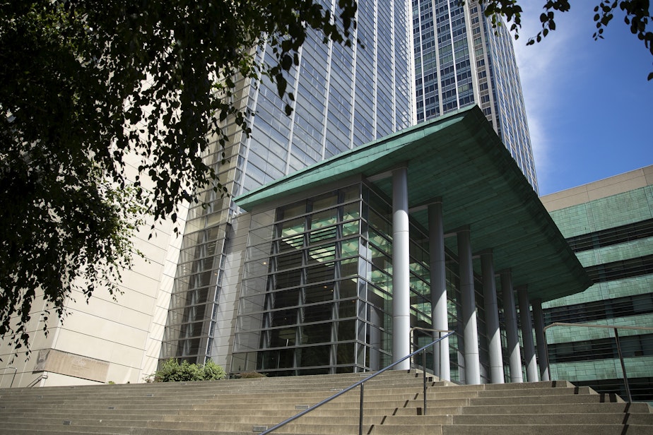 caption: The U.S. District Court is shown on Thursday, August 17, 2023, along Stewart Street in downtown Seattle.