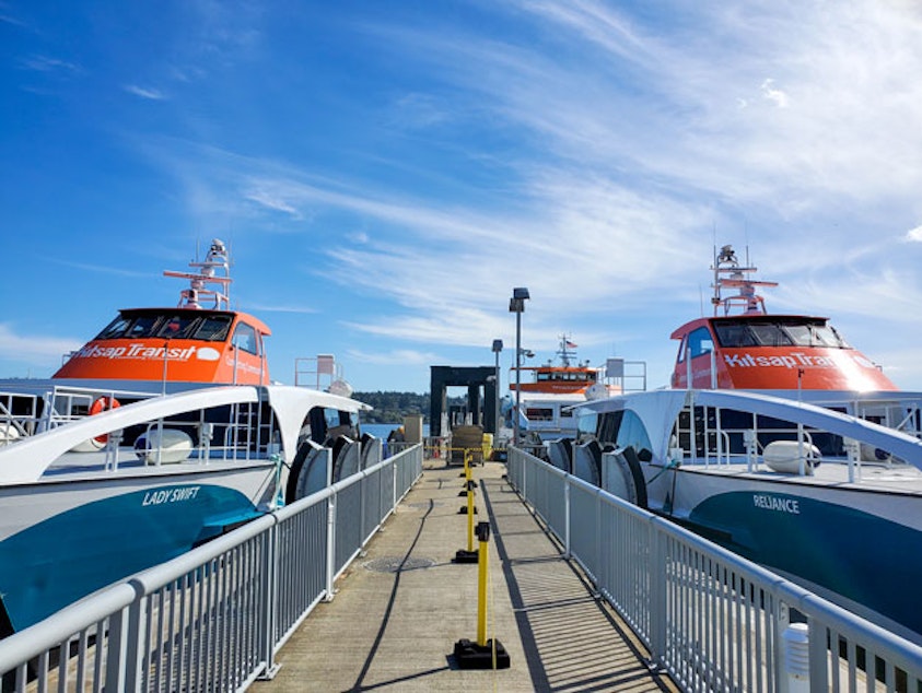 caption: Fast ferries connecting Bremerton, Washington with Seattle.