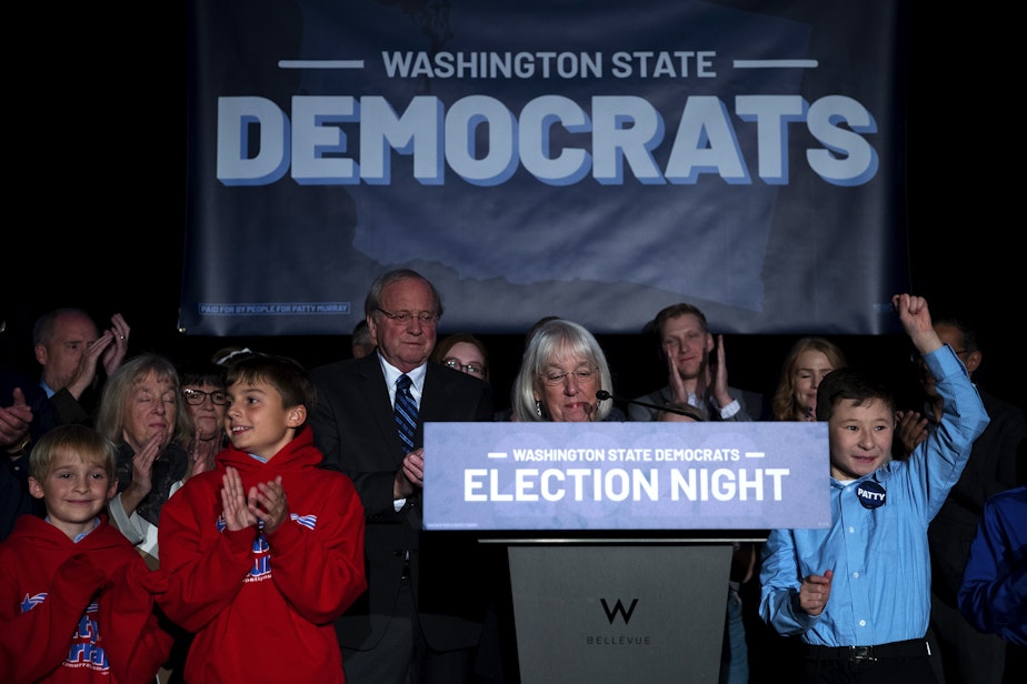 caption: Senator Patty Murray speaks to a crowd of supporters with her family, on Tuesday, November 8, 2022, at an election night party at the Westin in Bellevue.